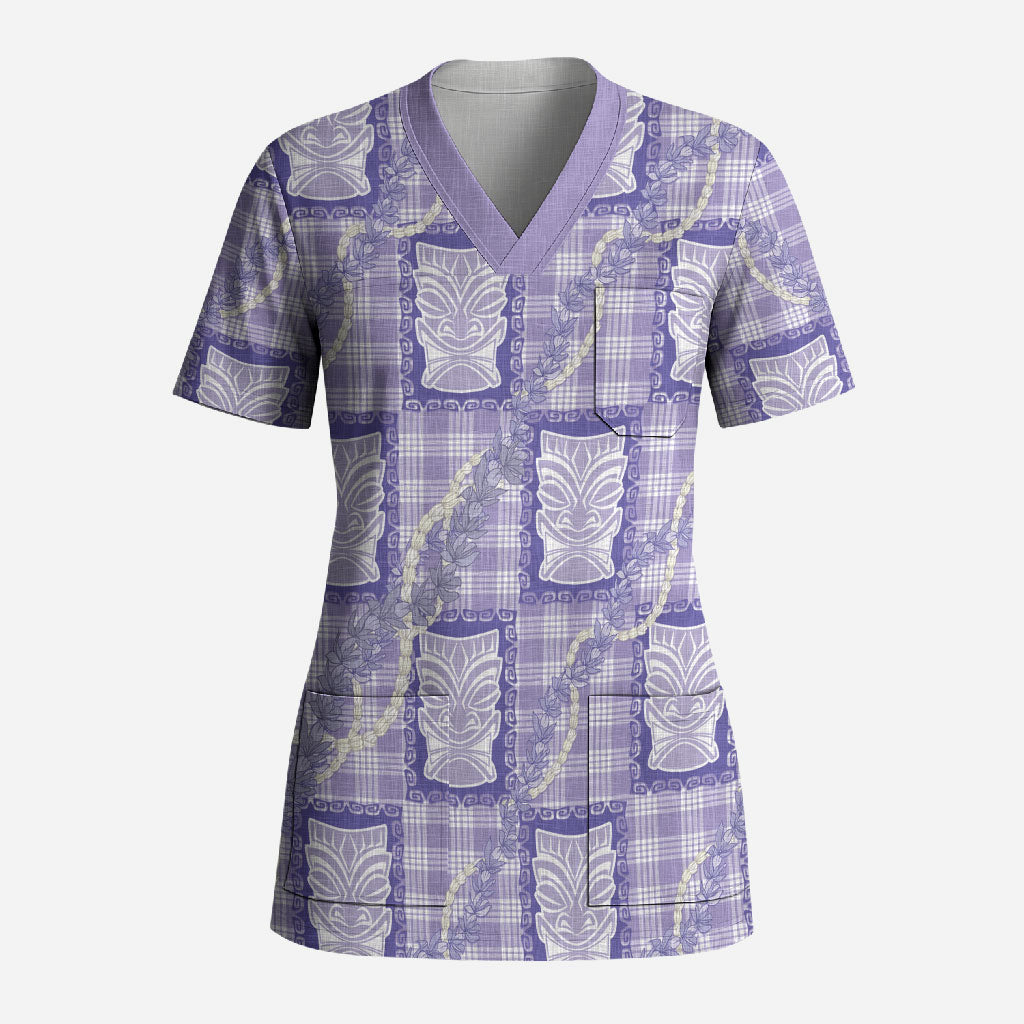 Aloha Hawaii Tiki Palaka Motifs Scrub Top Honohono Lei Purple Elegant Vibes LT14 Adult Purple - Polynesian Pride