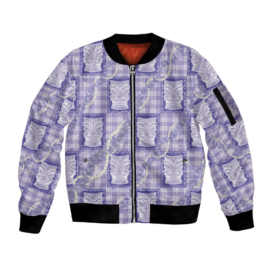 Aloha Hawaii Tiki Palaka Motifs Sleeve Zip Bomber Jacket Honohono Lei Purple Elegant Vibes LT14 Unisex Purple - Polynesian Pride