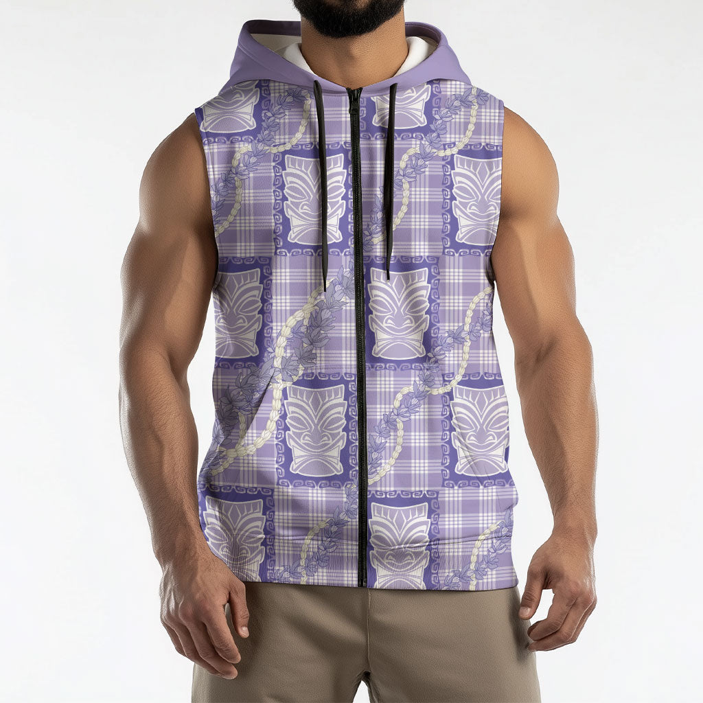 Aloha Hawaii Tiki Palaka Motifs Sleeveless Zip Hoodie Honohono Lei Purple Elegant Vibes
