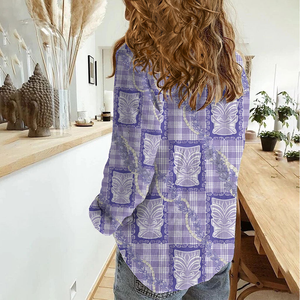 Aloha Hawaii Tiki Palaka Motifs Women Casual Shirt Honohono Lei Purple Elegant Vibes LT14 - Polynesian Pride