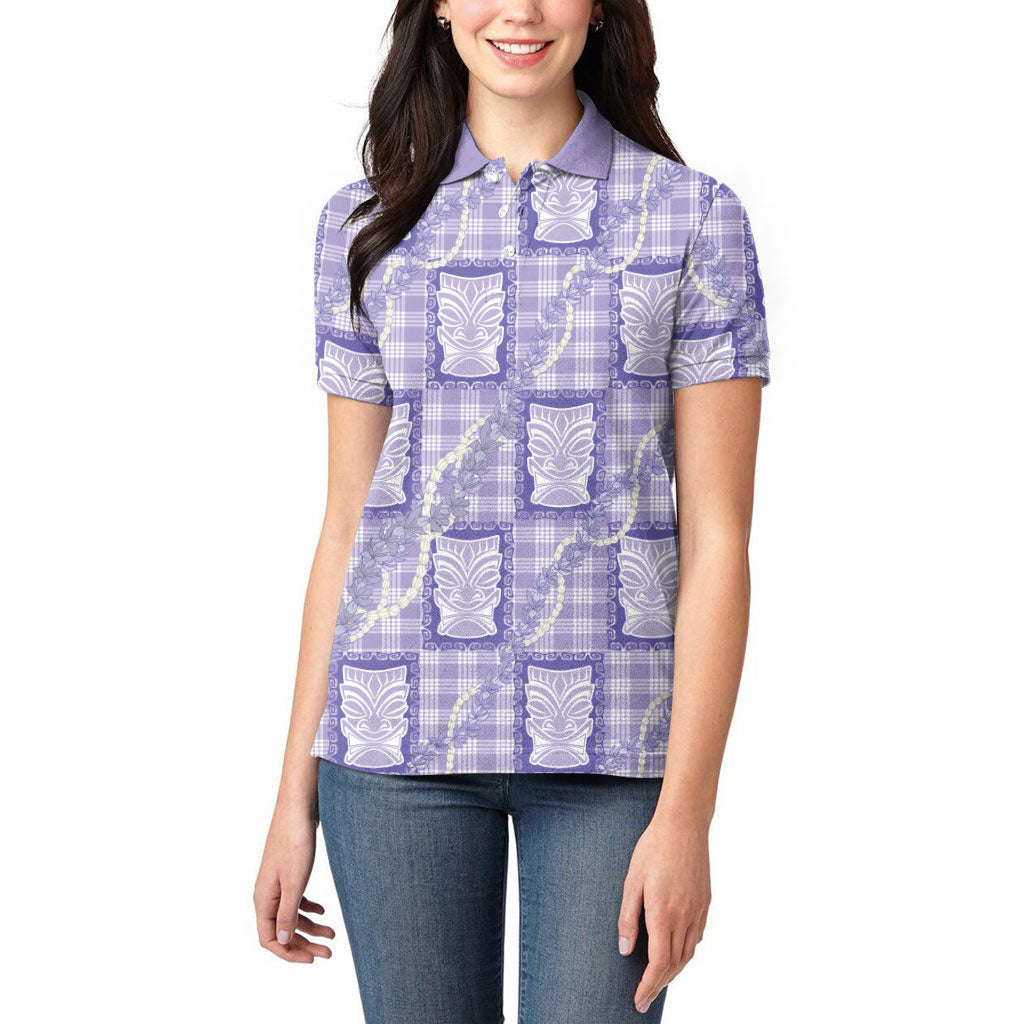 Aloha Hawaii Tiki Palaka Motifs Women Polo Shirt Honohono Lei Purple Elegant Vibes LT14 - Polynesian Pride