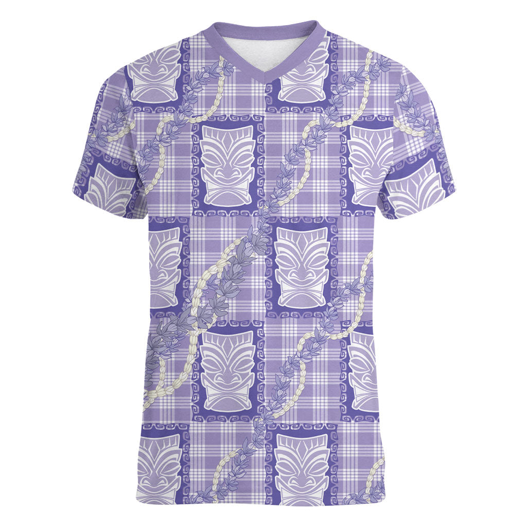 Aloha Hawaii Tiki Palaka Motifs Women V-Neck T-Shirt Honohono Lei Purple Elegant Vibes LT14 Female Purple - Polynesian Pride
