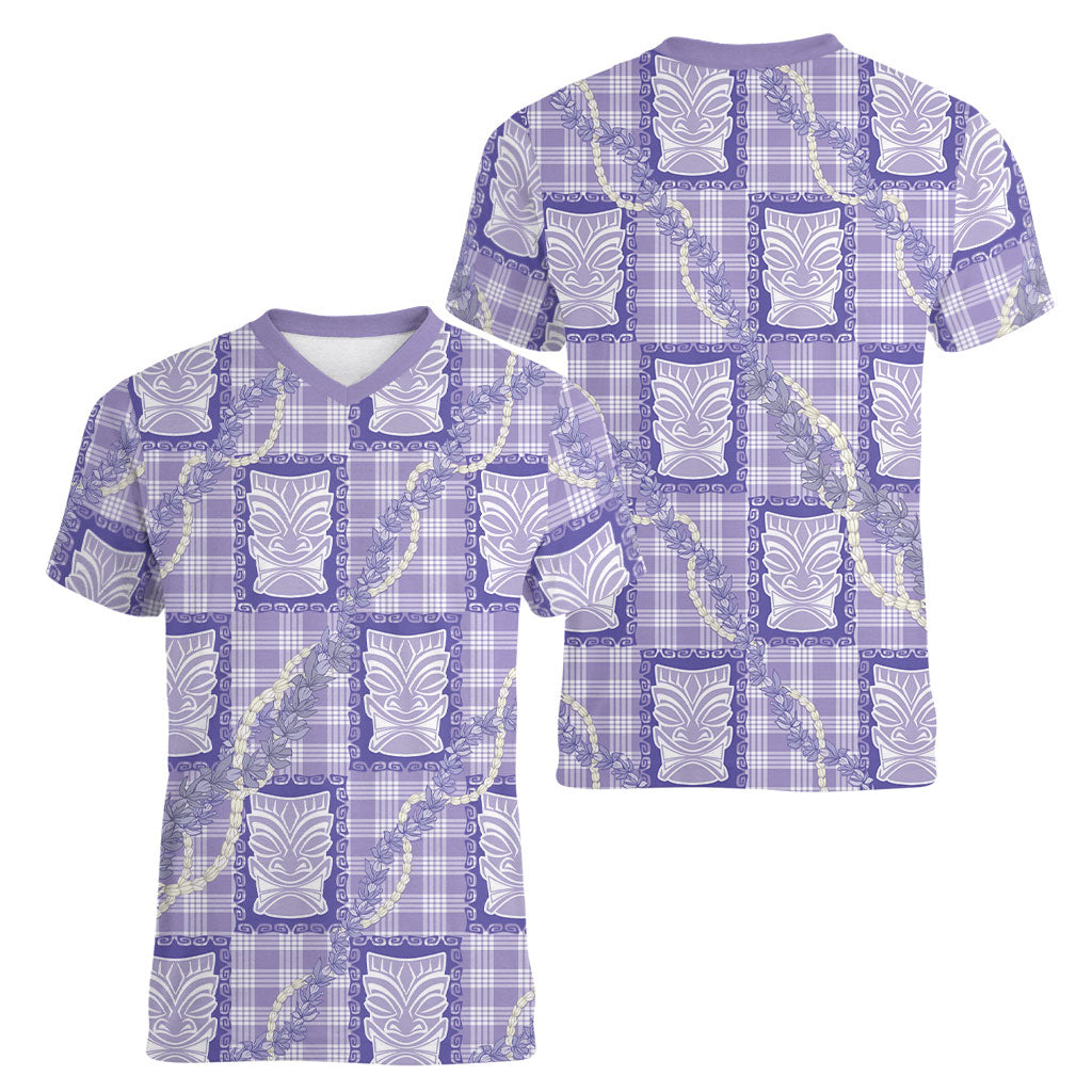 Aloha Hawaii Tiki Palaka Motifs Women V-Neck T-Shirt Honohono Lei Purple Elegant Vibes LT14 - Polynesian Pride