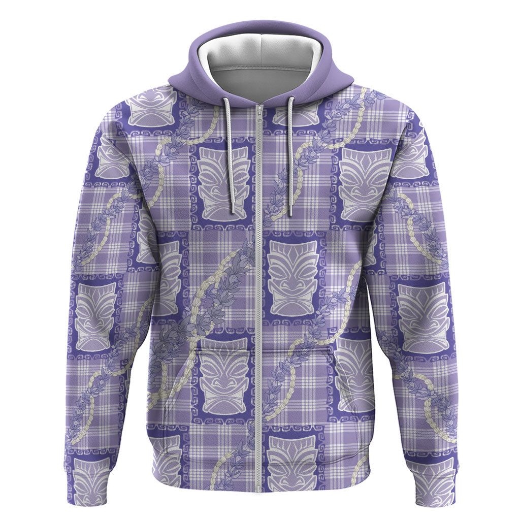 Aloha Hawaii Tiki Palaka Motifs Zip Hoodie Honohono Lei Purple Elegant Vibes
