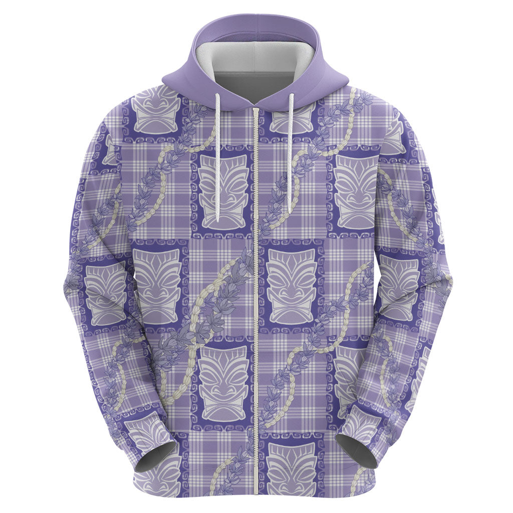 Aloha Hawaii Tiki Palaka Motifs Zip Hoodie Honohono Lei Purple Elegant Vibes