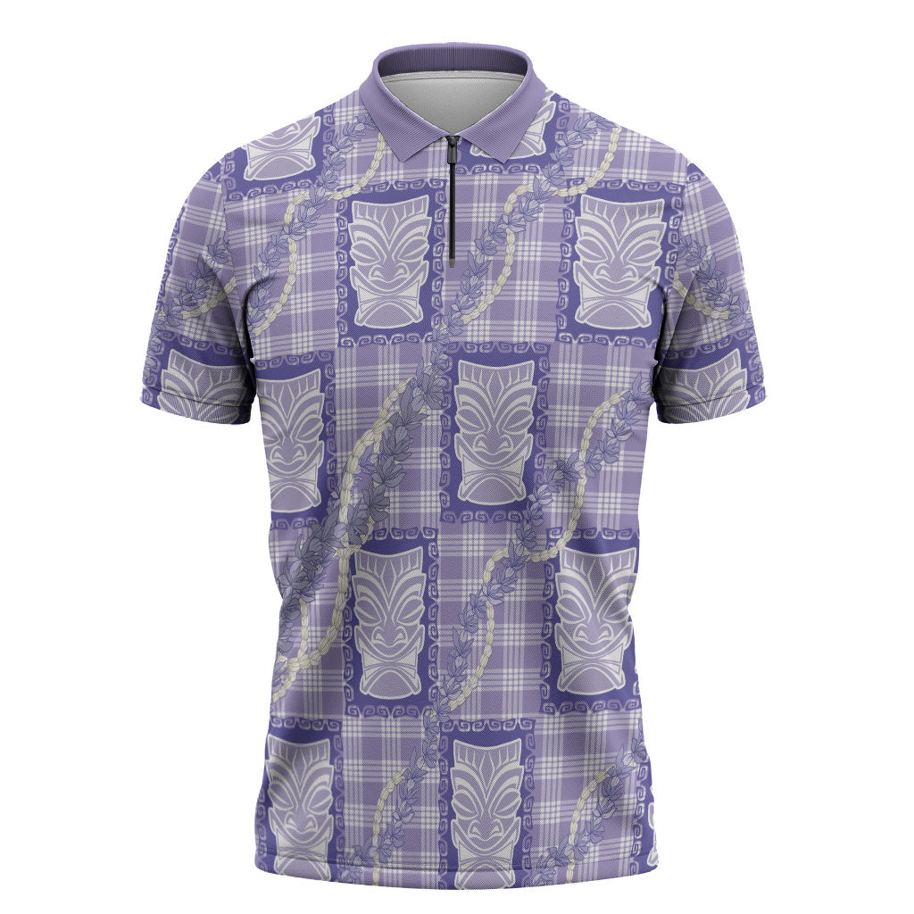 Aloha Hawaii Tiki Palaka Motifs Zipper Polo Shirt Honohono Lei Purple Elegant Vibes
