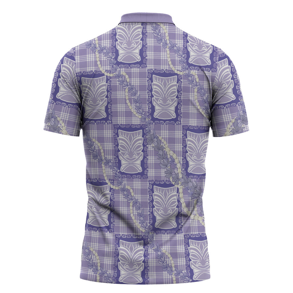 Aloha Hawaii Tiki Palaka Motifs Zipper Polo Shirt Honohono Lei Purple Elegant Vibes