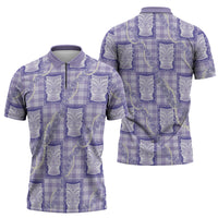 Aloha Hawaii Tiki Palaka Motifs Zipper Polo Shirt Honohono Lei Purple Elegant Vibes