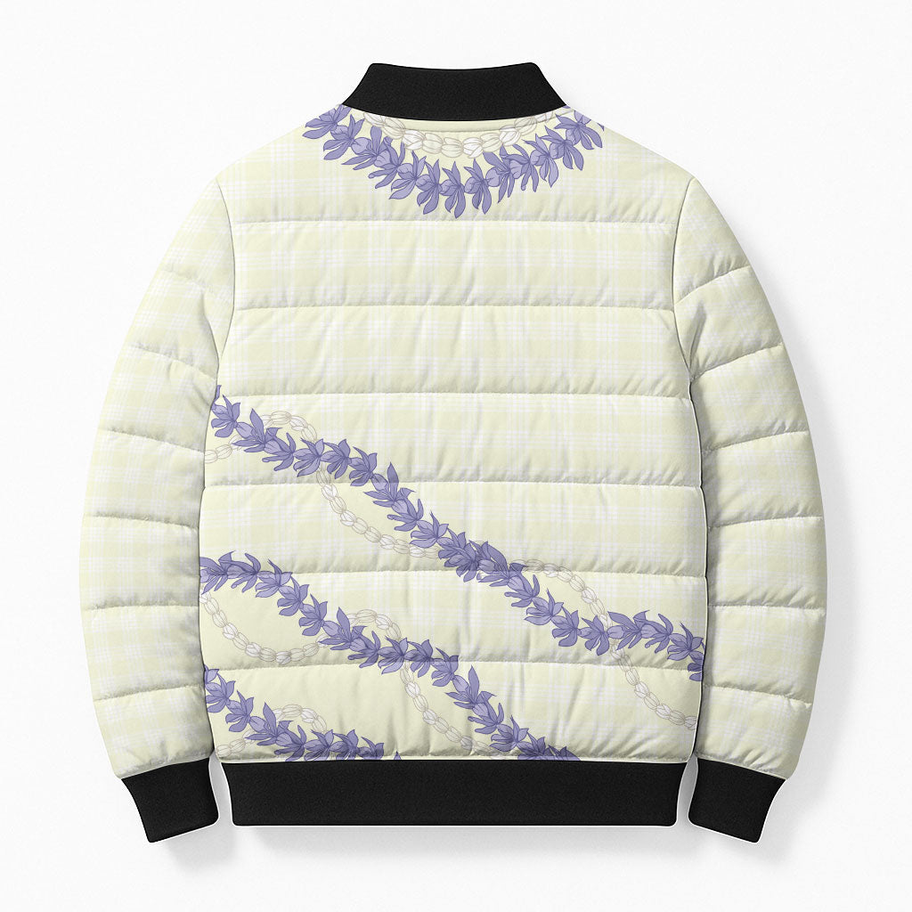 Hawaii Honohono Palaka Motifs Bomber Puffer Jacket Hawaiian Orchid Lei