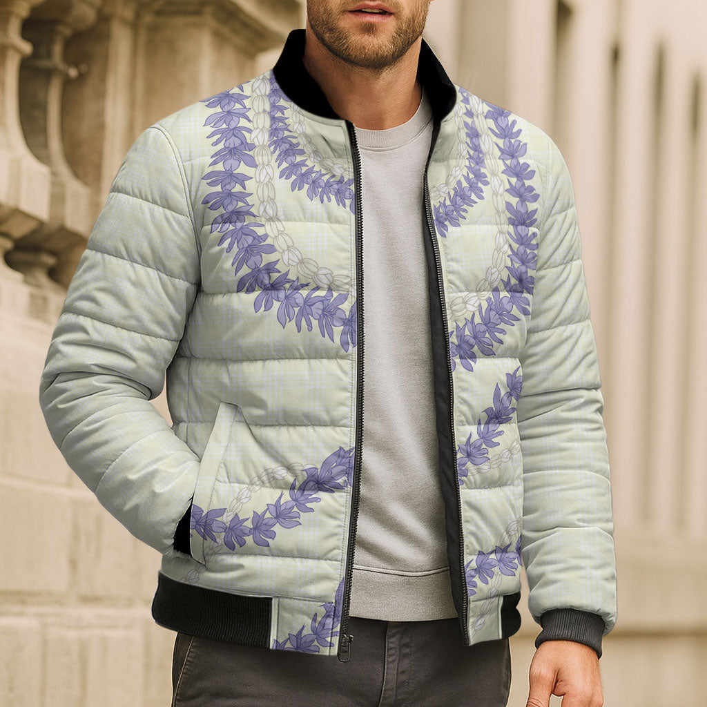 Hawaii Honohono Palaka Motifs Bomber Puffer Jacket Hawaiian Orchid Lei