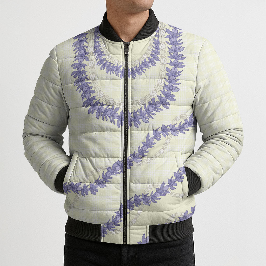Hawaii Honohono Palaka Motifs Bomber Puffer Jacket Hawaiian Orchid Lei