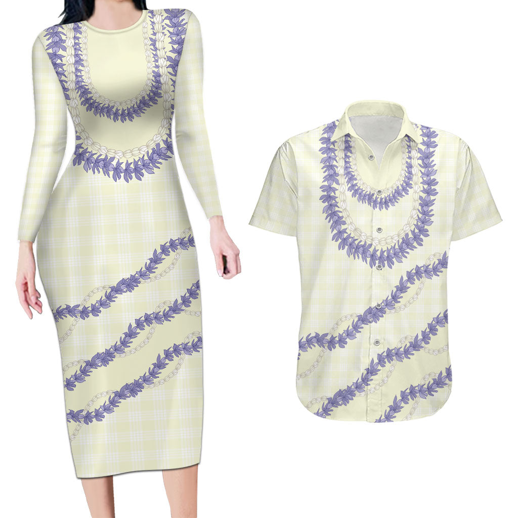 Hawaii Honohono Palaka Motifs Couples Matching Long Sleeve Bodycon Dress and Hawaiian Shirt Hawaiian Orchid Lei
