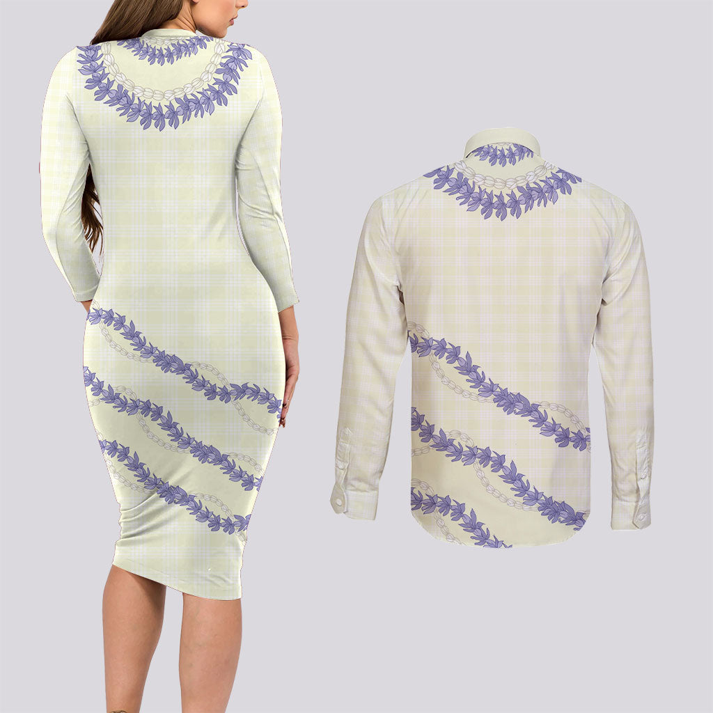 Hawaii Honohono Palaka Motifs Couples Matching Long Sleeve Bodycon Dress and Long Sleeve Button Shirt Hawaiian Orchid Lei