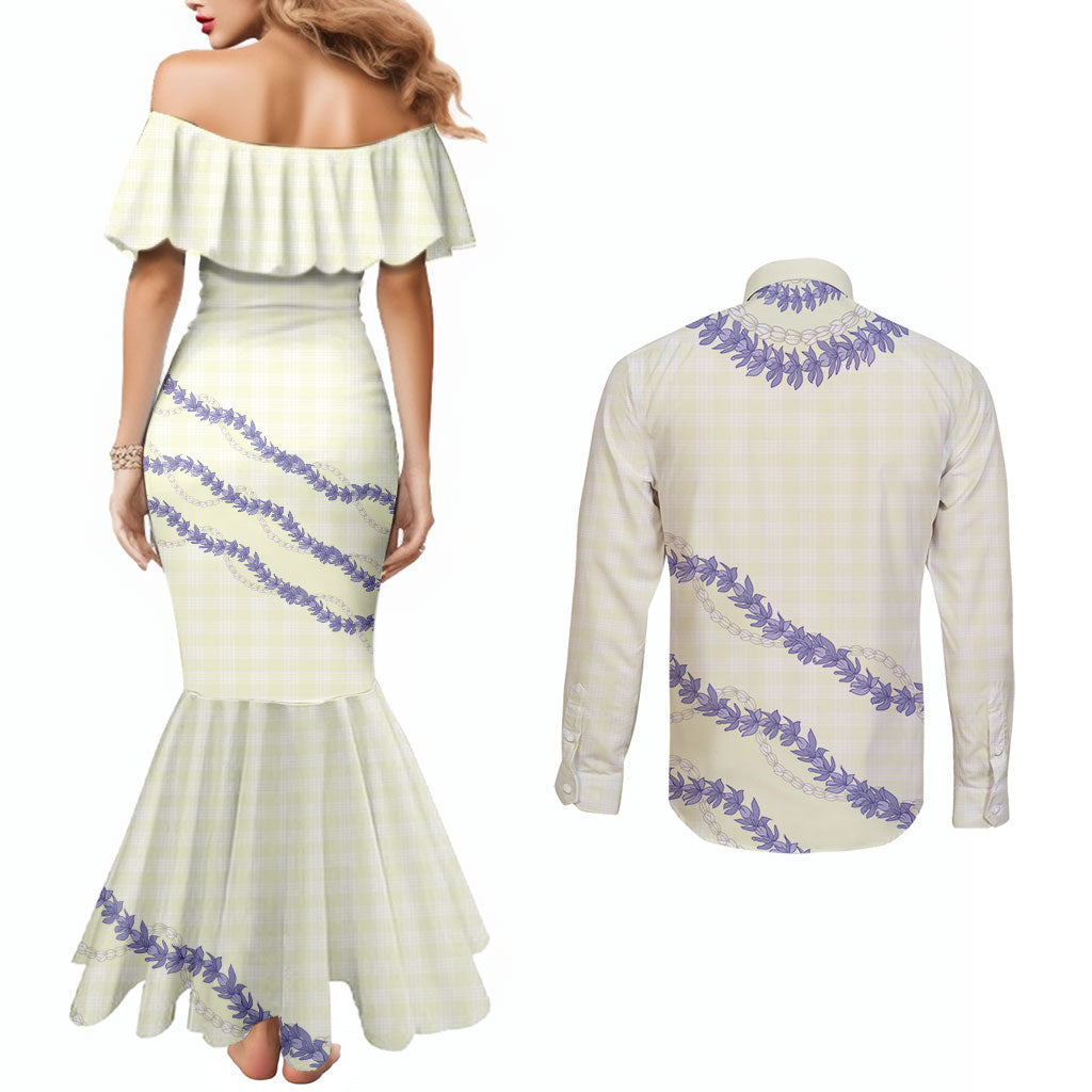 Hawaii Honohono Palaka Motifs Couples Matching Mermaid Dress and Long Sleeve Button Shirt Hawaiian Orchid Lei
