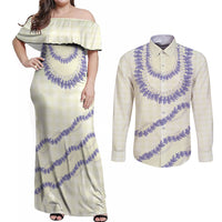 Hawaii Honohono Palaka Motifs Couples Matching Off Shoulder Maxi Dress and Long Sleeve Button Shirt Hawaiian Orchid Lei