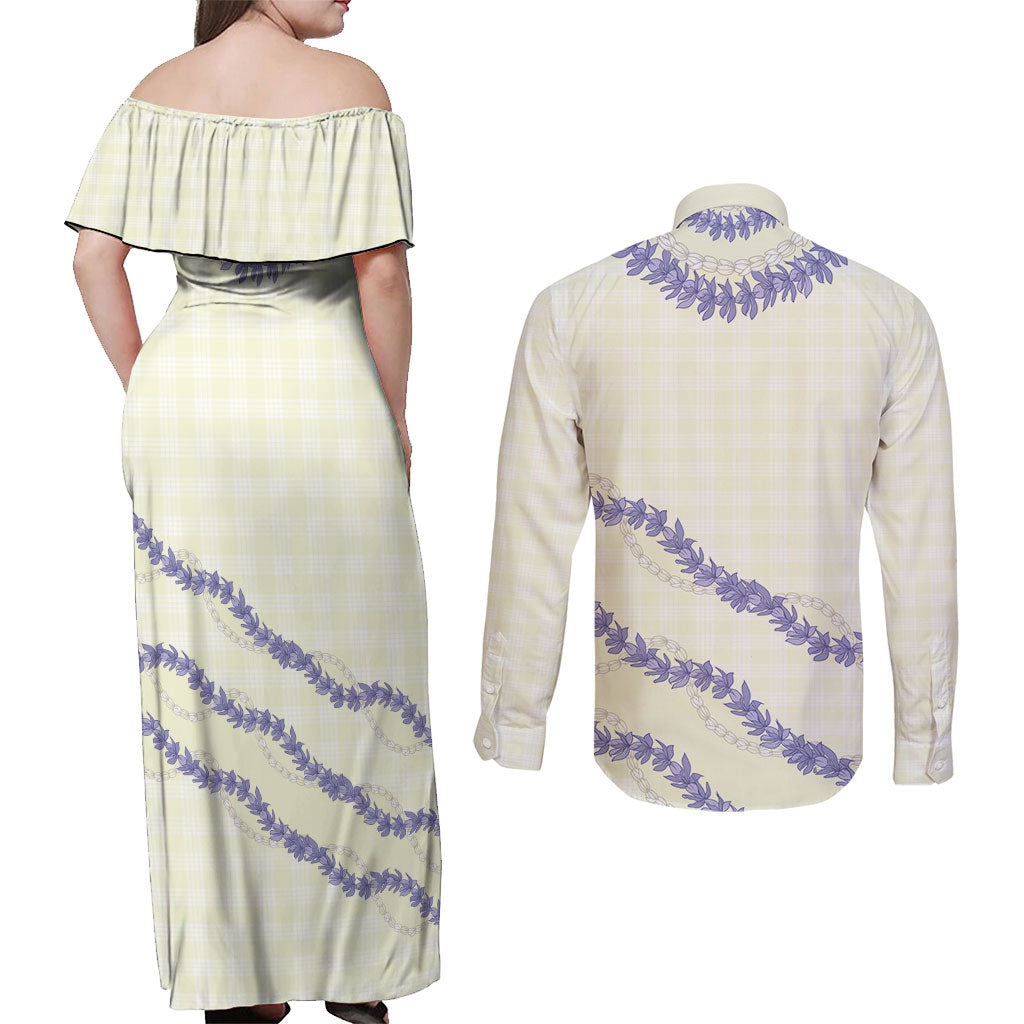 Hawaii Honohono Palaka Motifs Couples Matching Off Shoulder Maxi Dress and Long Sleeve Button Shirt Hawaiian Orchid Lei