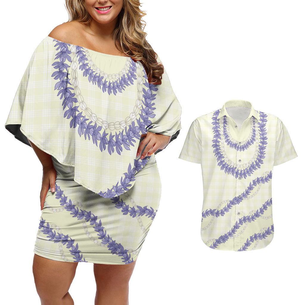 Hawaii Honohono Palaka Motifs Couples Matching Off Shoulder Short Dress and Hawaiian Shirt Hawaiian Orchid Lei