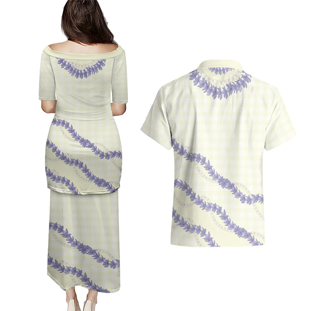 Hawaii Honohono Palaka Motifs Couples Matching Puletasi and Hawaiian Shirt Hawaiian Orchid Lei