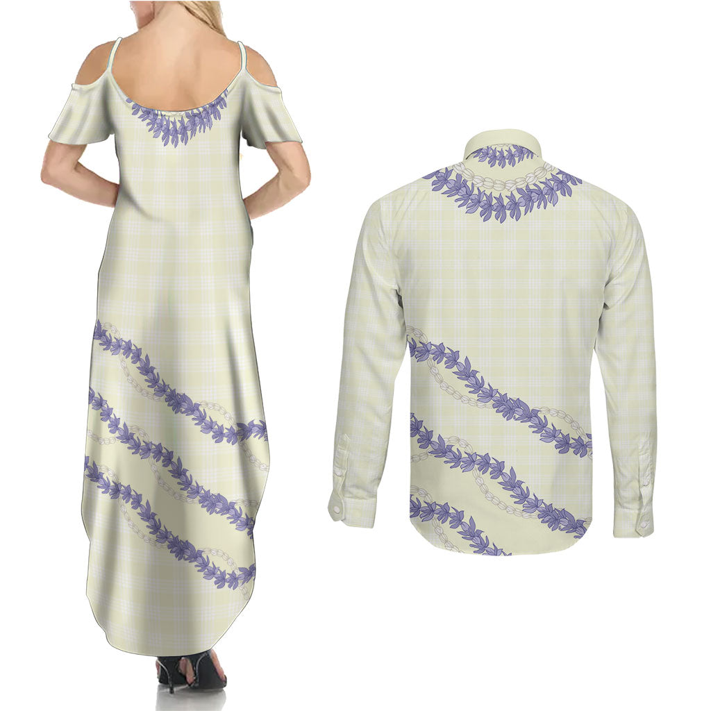 Hawaii Honohono Palaka Motifs Couples Matching Summer Maxi Dress and Long Sleeve Button Shirt Hawaiian Orchid Lei
