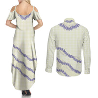 Hawaii Honohono Palaka Motifs Couples Matching Summer Maxi Dress and Long Sleeve Button Shirt Hawaiian Orchid Lei