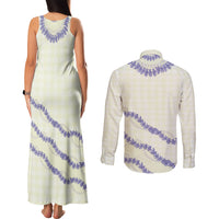 Hawaii Honohono Palaka Motifs Couples Matching Tank Maxi Dress and Long Sleeve Button Shirt Hawaiian Orchid Lei