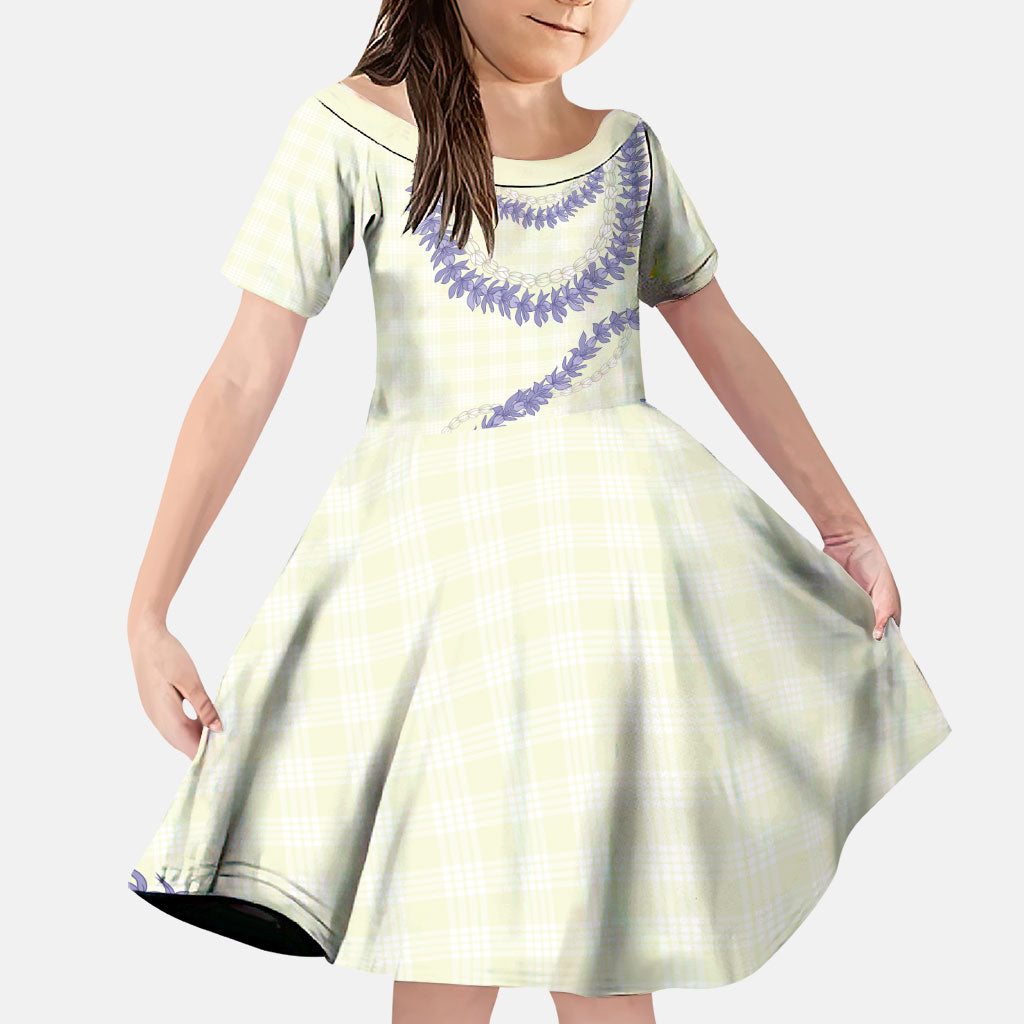 Hawaii Honohono Palaka Motifs Family Matching Long Sleeve Bodycon Dress and Hawaiian Shirt Hawaiian Orchid Lei LT14 Daughter's Dress Cream - Polynesian Pride