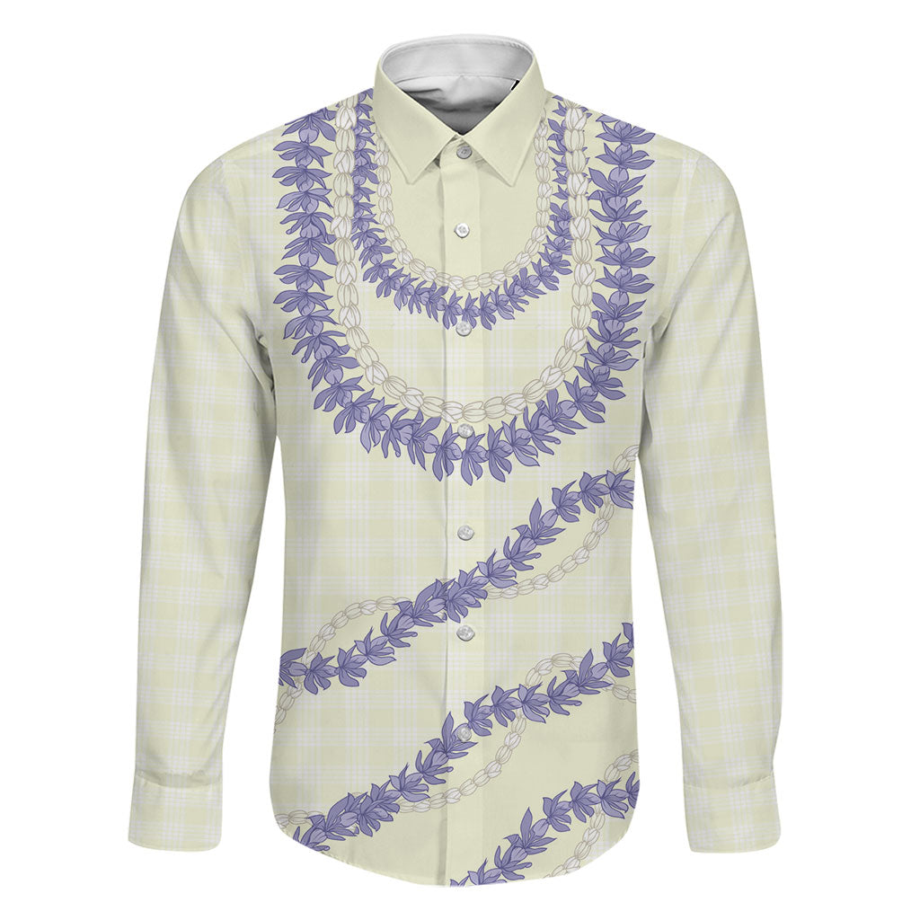 Hawaii Honohono Palaka Motifs Family Matching Off Shoulder Maxi Dress and Hawaiian Shirt Hawaiian Orchid Lei LT14 Dad's Shirt - Long Sleeve Cream - Polynesian Pride