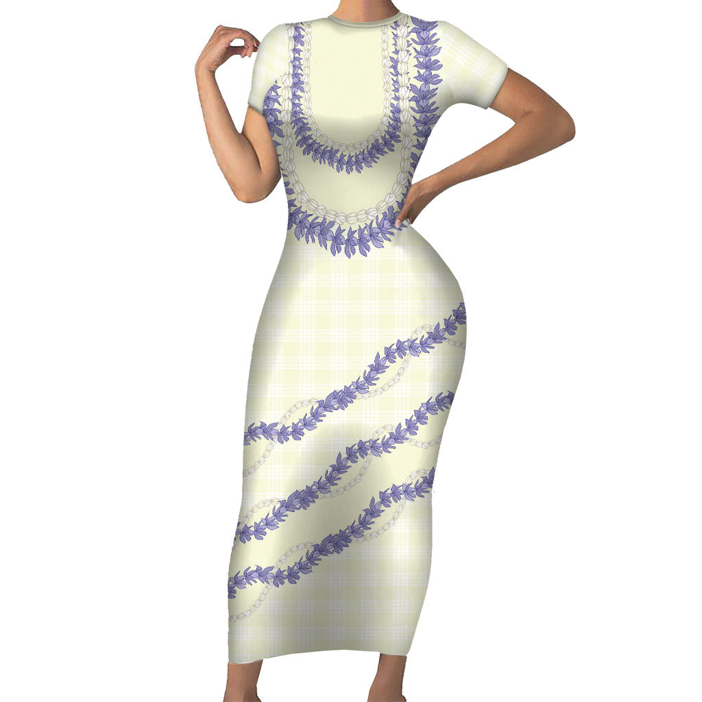 Hawaii Honohono Palaka Motifs Family Matching Short Sleeve Bodycon Dress and Hawaiian Shirt Hawaiian Orchid Lei LT14 Mom's Dress Cream - Polynesian Pride