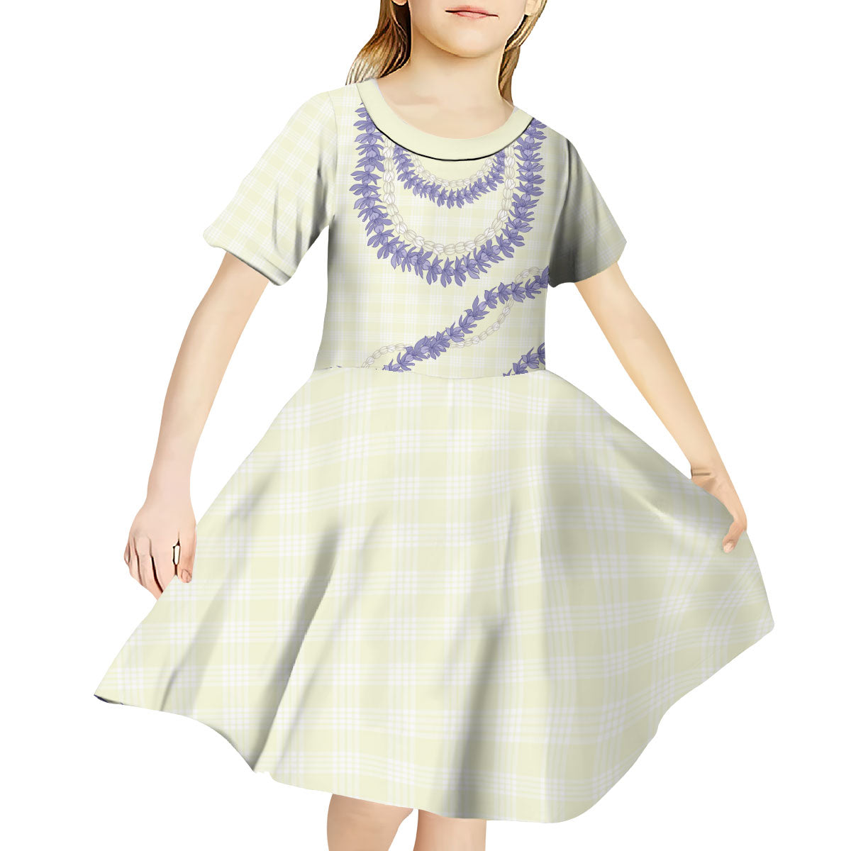 Hawaii Honohono Palaka Motifs Kid Short Sleeve Dress Hawaiian Orchid Lei LT14 - Polynesian Pride