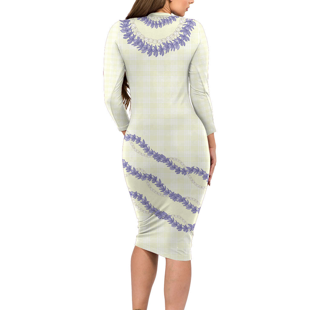 Hawaii Honohono Palaka Motifs Long Sleeve Bodycon Dress Hawaiian Orchid Lei