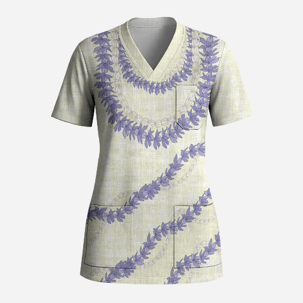 Hawaii Honohono Palaka Motifs Scrub Top Hawaiian Orchid Lei LT14 Adult Cream - Polynesian Pride