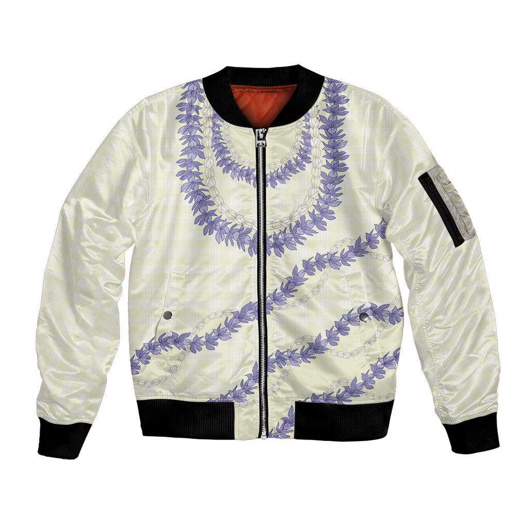 Hawaii Honohono Palaka Motifs Sleeve Zip Bomber Jacket Hawaiian Orchid Lei LT14 Unisex Cream - Polynesian Pride