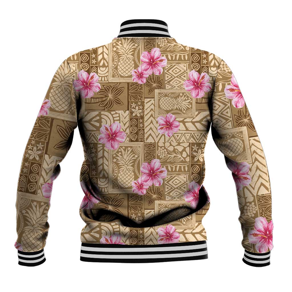 Beige Hawaii Hibiscus With Tropical Flowers Motifs Baseball Jacket - Polynesian Pride