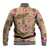 Beige Hawaii Hibiscus With Tropical Flowers Motifs Baseball Jacket - Polynesian Pride