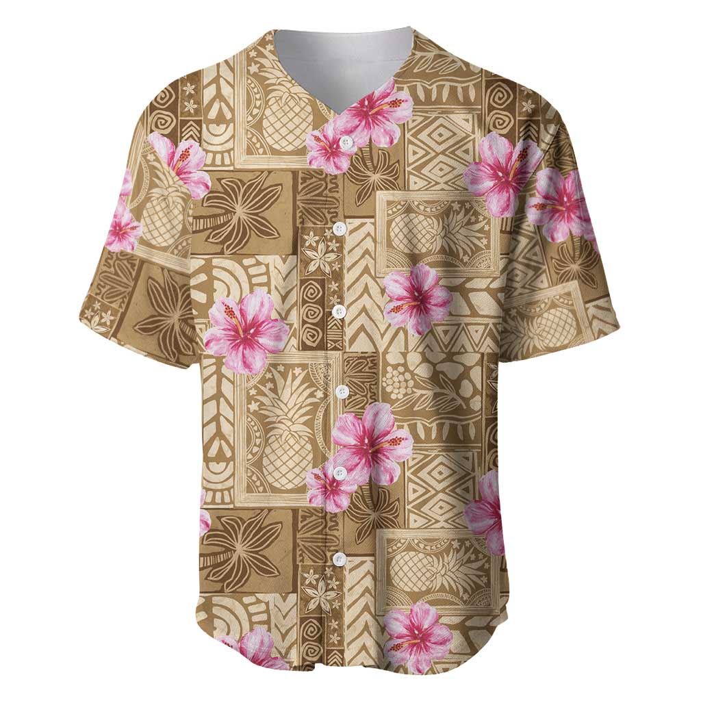 Beige Hawaii Hibiscus With Tropical Flowers Motifs Baseball Jersey LT14 Beige - Polynesian Pride