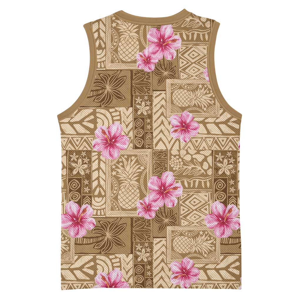 Beige Hawaii Hibiscus With Tropical Flowers Motifs Basketball Jersey - Polynesian Pride