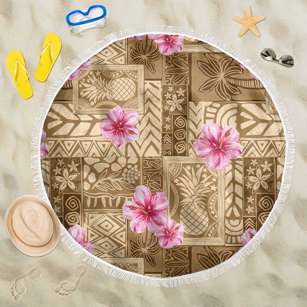 Beige Hawaii Hibiscus With Tropical Flowers Motifs Beach Blanket - Polynesian Pride
