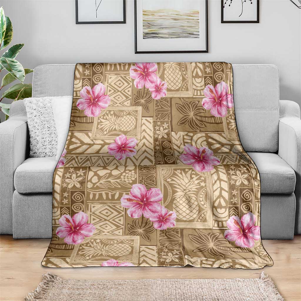 Beige Hawaii Hibiscus With Tropical Flowers Motifs Blanket - Polynesian Pride