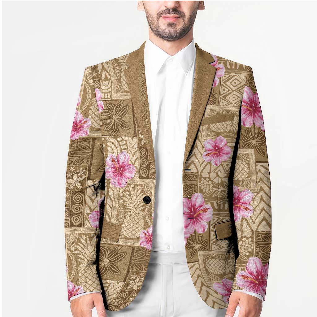 Beige Hawaii Hibiscus With Tropical Flowers Motifs Blazer - Polynesian Pride