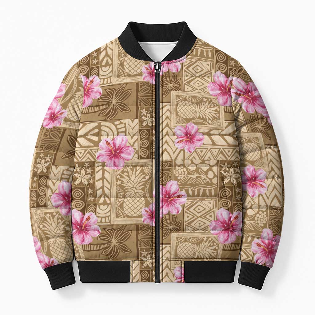 Beige Hawaii Hibiscus With Tropical Flowers Motifs Bomber Puffer Jacket - Polynesian Pride