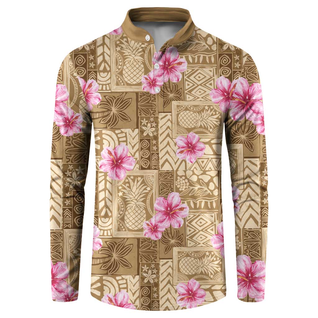 Beige Hawaii Hibiscus With Tropical Flowers Motifs Button Sweatshirt LT14 Beige - Polynesian Pride