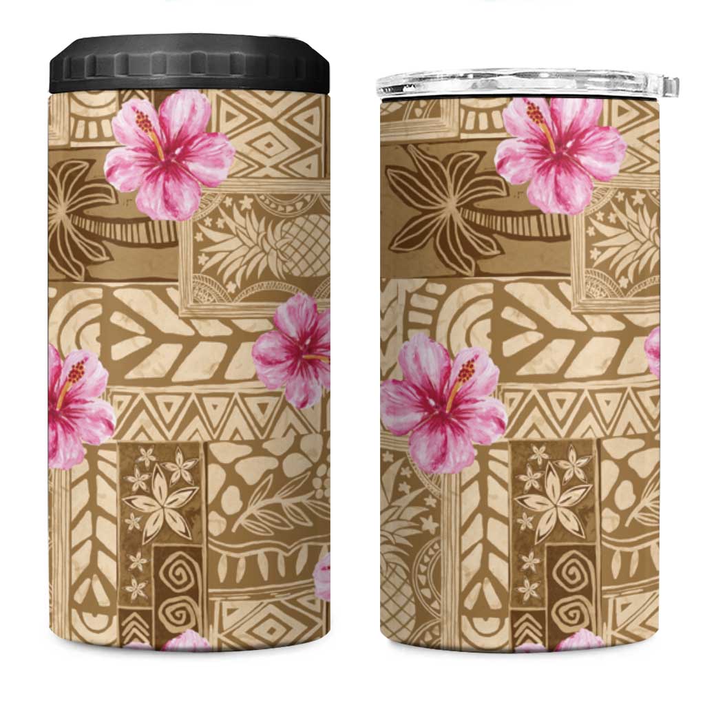Beige Hawaii Hibiscus With Tropical Flowers Motifs 4 in 1 Can Cooler Tumbler - Polynesian Pride