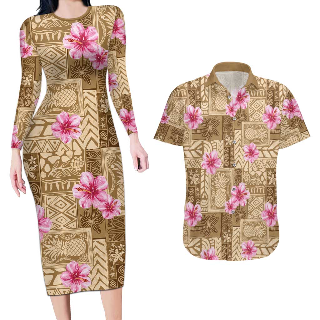 Beige Hawaii Hibiscus With Tropical Flowers Motifs Couples Matching Long Sleeve Bodycon Dress and Hawaiian Shirt - Polynesian Pride