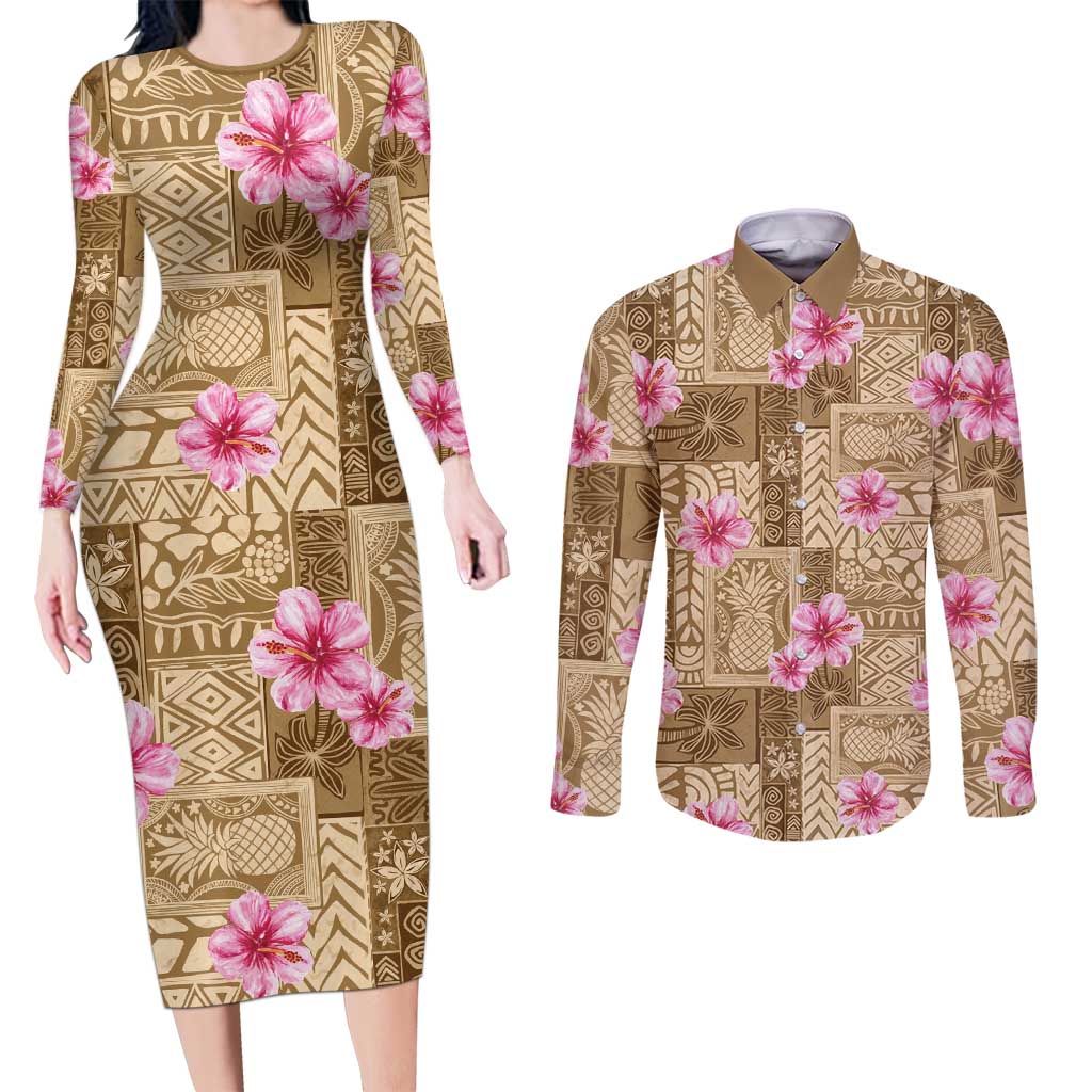 Beige Hawaii Hibiscus With Tropical Flowers Motifs Couples Matching Long Sleeve Bodycon Dress and Long Sleeve Button Shirt - Polynesian Pride