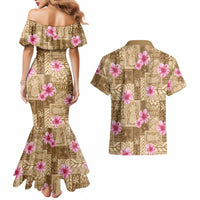Beige Hawaii Hibiscus With Tropical Flowers Motifs Couples Matching Mermaid Dress and Hawaiian Shirt - Polynesian Pride