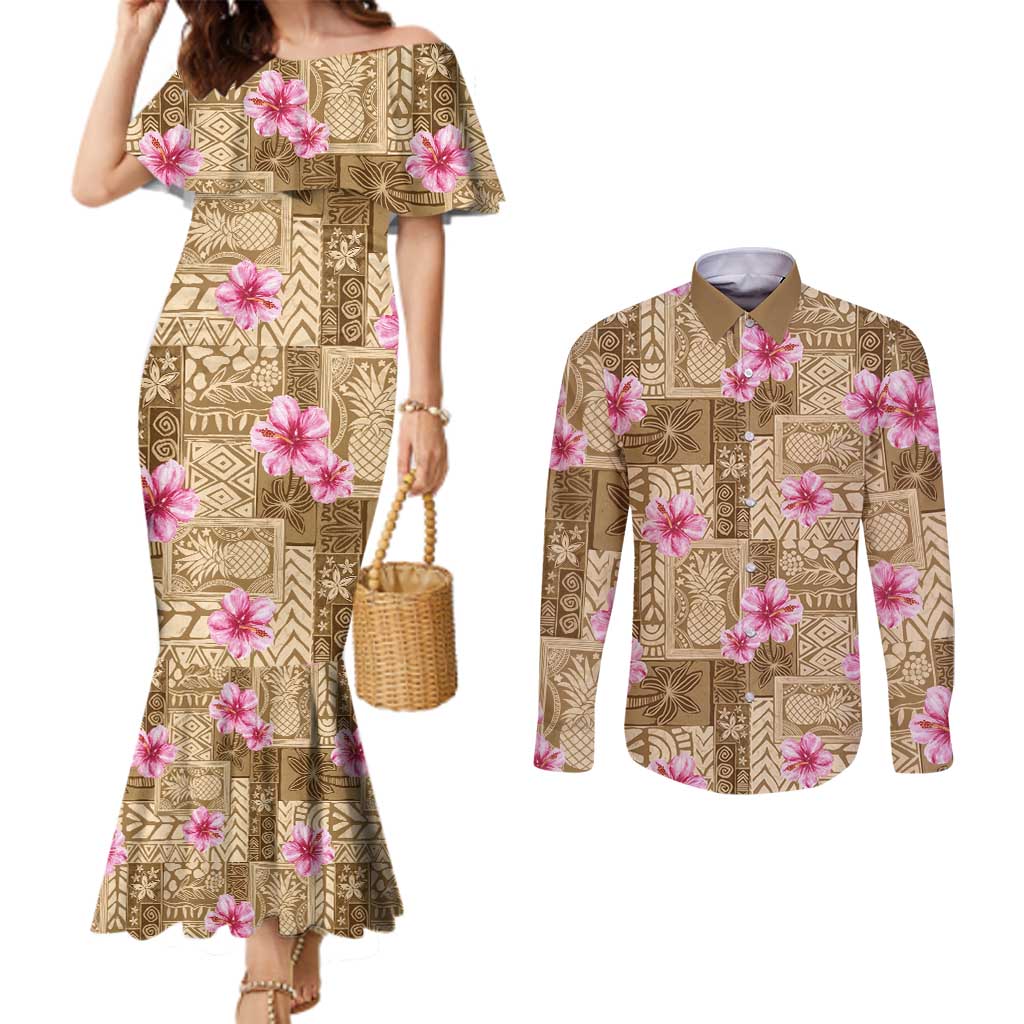 Beige Hawaii Hibiscus With Tropical Flowers Motifs Couples Matching Mermaid Dress and Long Sleeve Button Shirt - Polynesian Pride