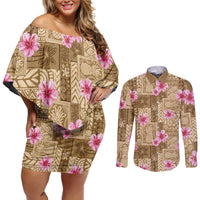 Beige Hawaii Hibiscus With Tropical Flowers Motifs Couples Matching Off Shoulder Short Dress and Long Sleeve Button Shirt LT14 Beige - Polynesian Pride
