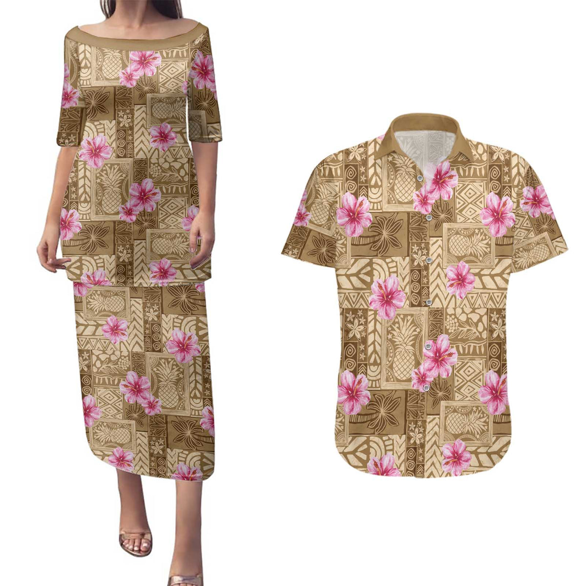 Beige Hawaii Hibiscus With Tropical Flowers Motifs Couples Matching Puletasi and Hawaiian Shirt LT14 Beige - Polynesian Pride