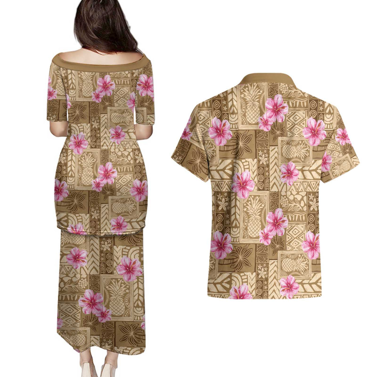Beige Hawaii Hibiscus With Tropical Flowers Motifs Couples Matching Puletasi and Hawaiian Shirt LT14 - Polynesian Pride