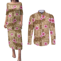 Beige Hawaii Hibiscus With Tropical Flowers Motifs Couples Matching Puletasi and Long Sleeve Button Shirt LT14 Beige - Polynesian Pride